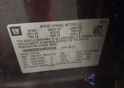 2017 Chevrolet Tahoe Premier z USA, uszkodzony, nr VIN 1GNSKCKC3HR265246